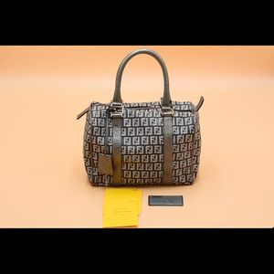 FENDI BAULETTO FOREVER GRAY ZUCCHINO CANVAS BOSTON SMALL BAG